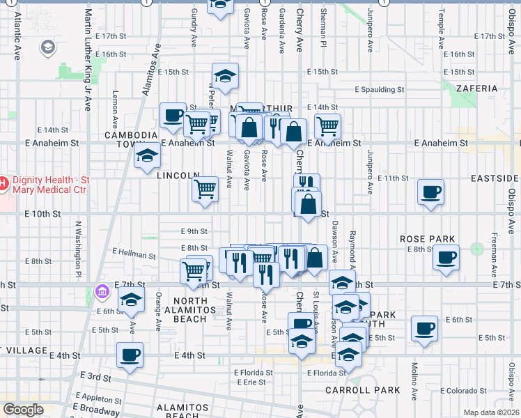 map of restaurants, bars, coffee shops, grocery stores, and more near 925 Rose Avenue in Long Beach