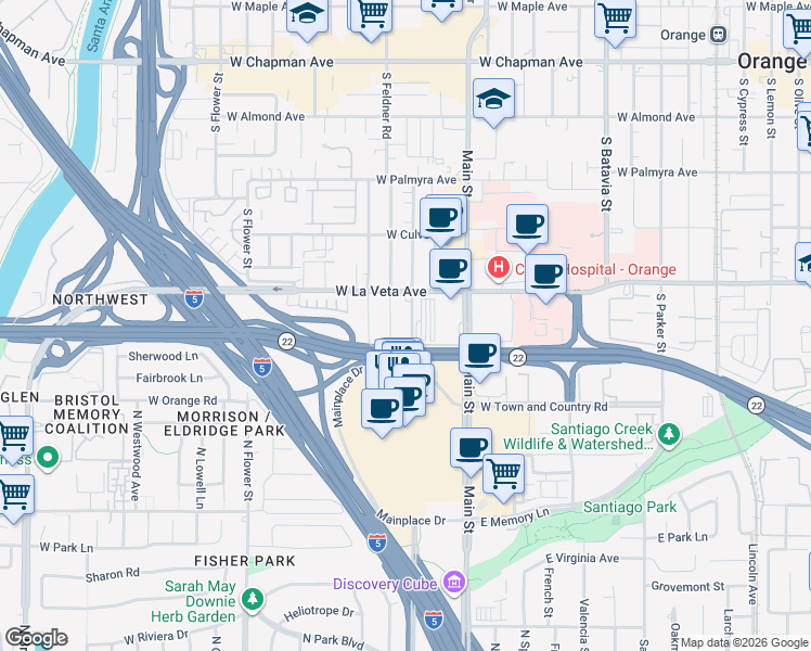 map of restaurants, bars, coffee shops, grocery stores, and more near 591 South Crest Road in Orange