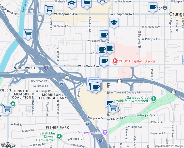 map of restaurants, bars, coffee shops, grocery stores, and more near 591 South Crest Road in Orange