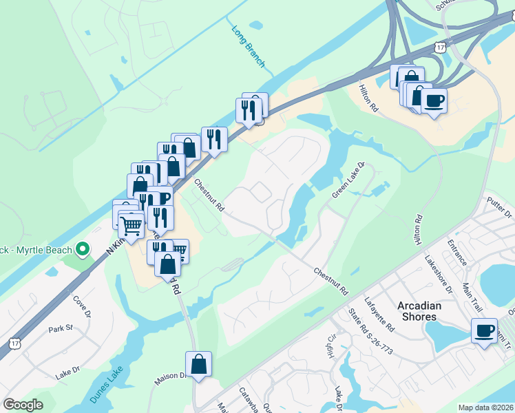 map of restaurants, bars, coffee shops, grocery stores, and more near 607 Chestnut Road in Myrtle Beach