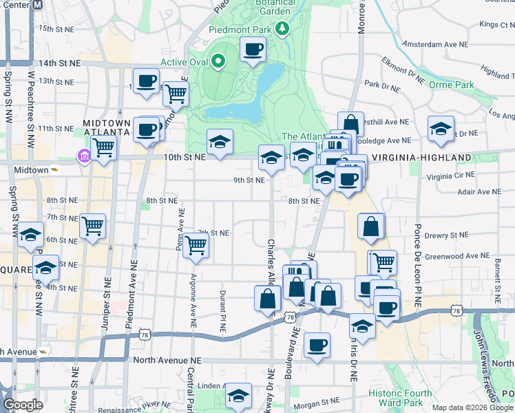 map of restaurants, bars, coffee shops, grocery stores, and more near 421 7th Street Northeast in Atlanta