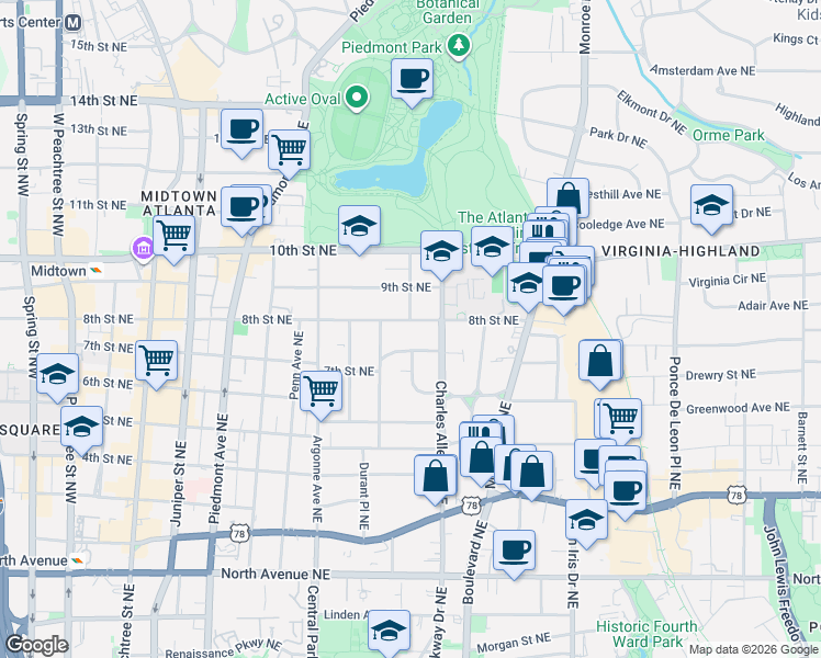 map of restaurants, bars, coffee shops, grocery stores, and more near 421 7th Street Northeast in Atlanta