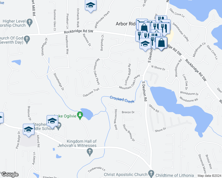 map of restaurants, bars, coffee shops, grocery stores, and more near 723 Mountain Oaks Parkway in Stone Mountain