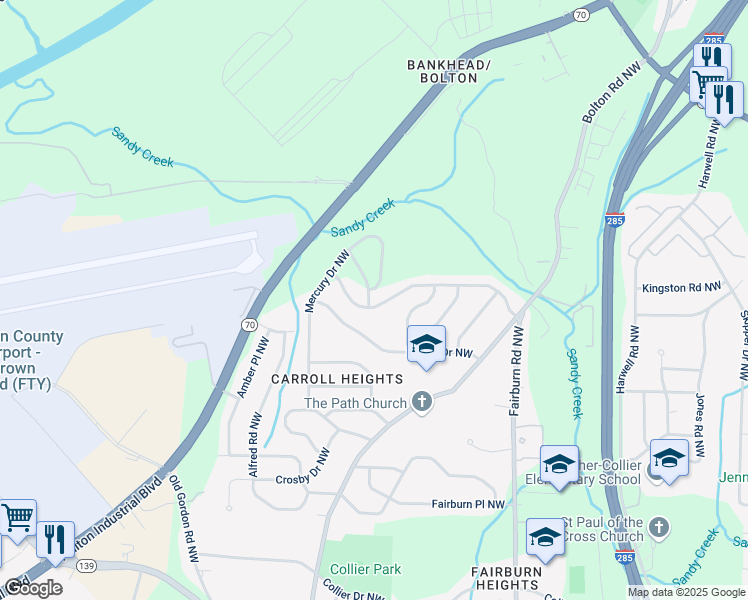 map of restaurants, bars, coffee shops, grocery stores, and more near 1027 Fairburn Road Northwest in Atlanta