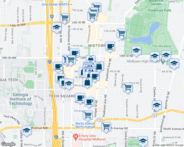 map of restaurants, bars, coffee shops, grocery stores, and more near 881 Peachtree Street Northeast in Atlanta