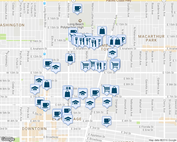 map of restaurants, bars, coffee shops, grocery stores, and more near 911 East 10th Street in Long Beach