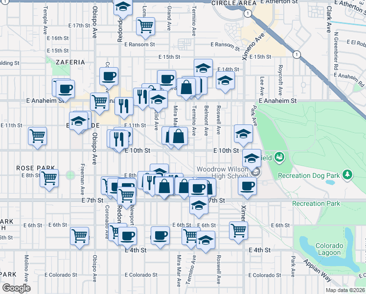 map of restaurants, bars, coffee shops, grocery stores, and more near 3901 East 10th Street in Long Beach