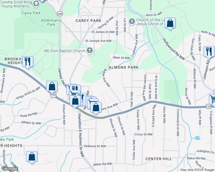 map of restaurants, bars, coffee shops, grocery stores, and more near 853 Peyton Avenue Northwest in Atlanta