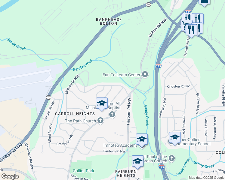 map of restaurants, bars, coffee shops, grocery stores, and more near 865 Sandy Creek Drive Northwest in Atlanta