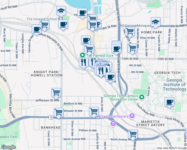 map of restaurants, bars, coffee shops, grocery stores, and more near 800 West Marietta Street Northwest in Atlanta