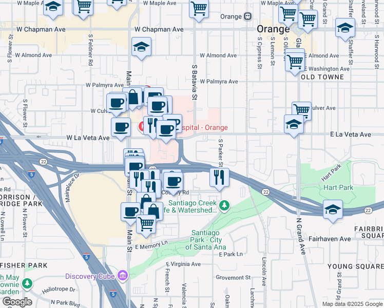map of restaurants, bars, coffee shops, grocery stores, and more near 920 West La Veta Avenue in Orange