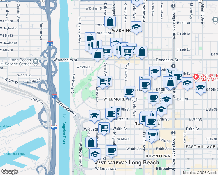 map of restaurants, bars, coffee shops, grocery stores, and more near in Long Beach