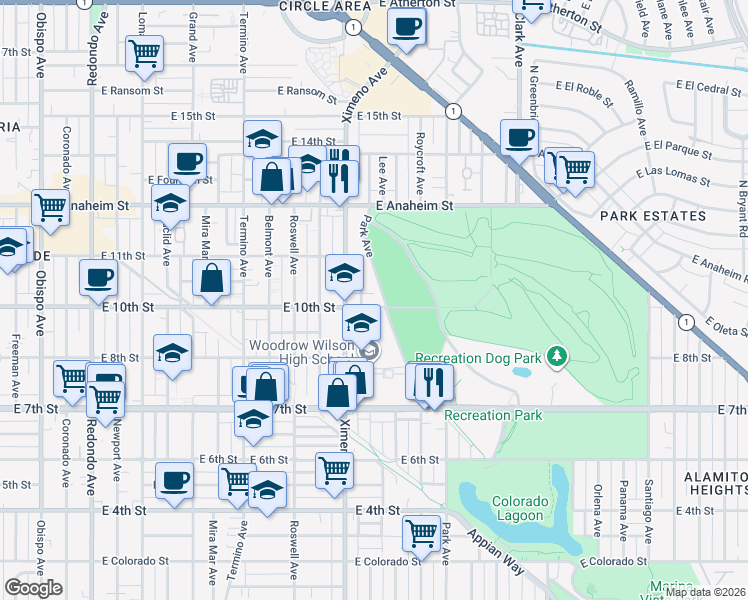 map of restaurants, bars, coffee shops, grocery stores, and more near 4531 East 10th Street in Long Beach