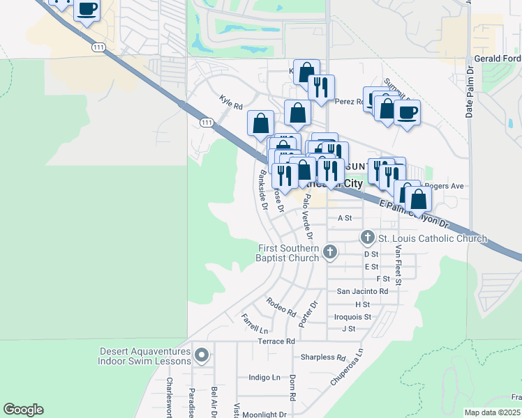 map of restaurants, bars, coffee shops, grocery stores, and more near 37187 Bankside Drive in Cathedral City
