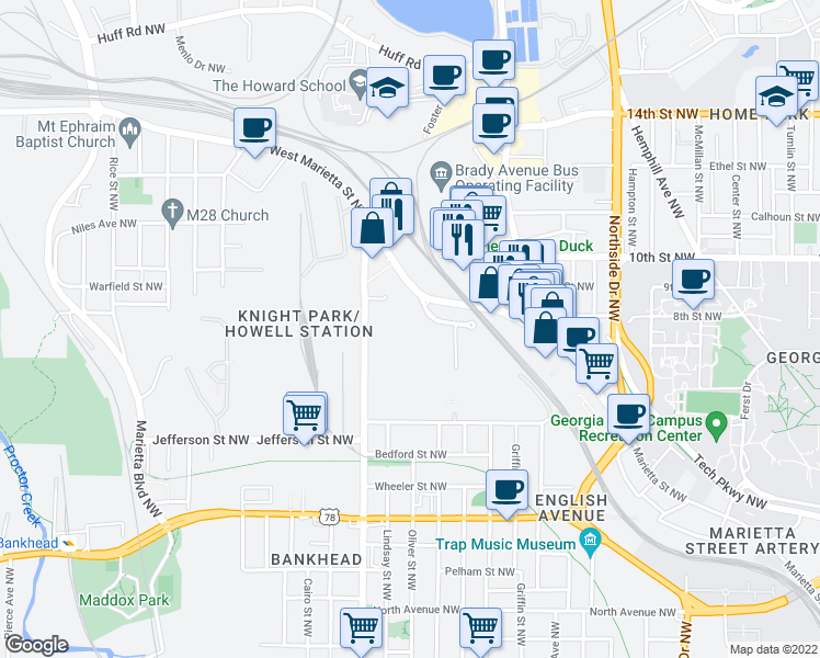 map of restaurants, bars, coffee shops, grocery stores, and more near Ashby St in Atlanta