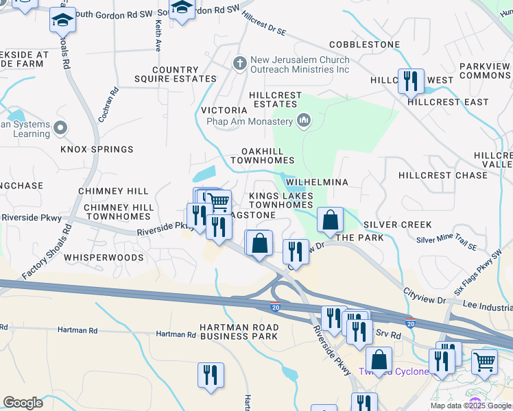 map of restaurants, bars, coffee shops, grocery stores, and more near 294 Flagstone Way in Austell