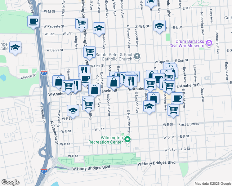 map of restaurants, bars, coffee shops, grocery stores, and more near 707 Bay View Avenue in Los Angeles
