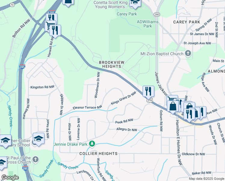 map of restaurants, bars, coffee shops, grocery stores, and more near 2900 Eleanor Terrace Northwest in Atlanta