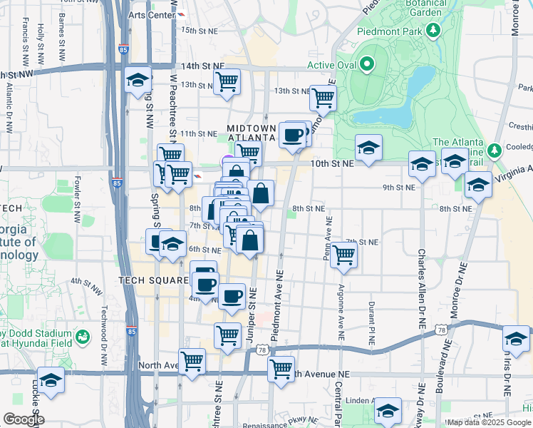 map of restaurants, bars, coffee shops, grocery stores, and more near 146 7th Street Northeast in Atlanta