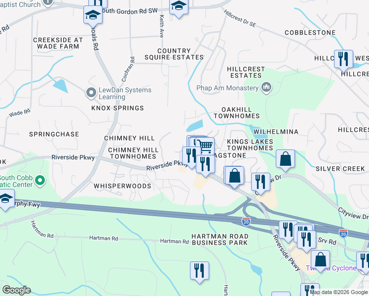 map of restaurants, bars, coffee shops, grocery stores, and more near 360 Riverside Parkway in Austell