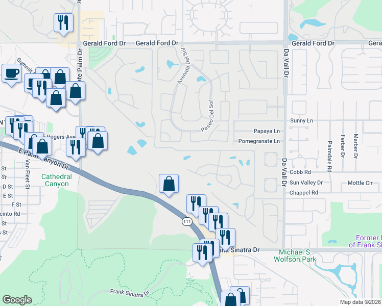 map of restaurants, bars, coffee shops, grocery stores, and more near 253 South Paseo Laredo in Cathedral City