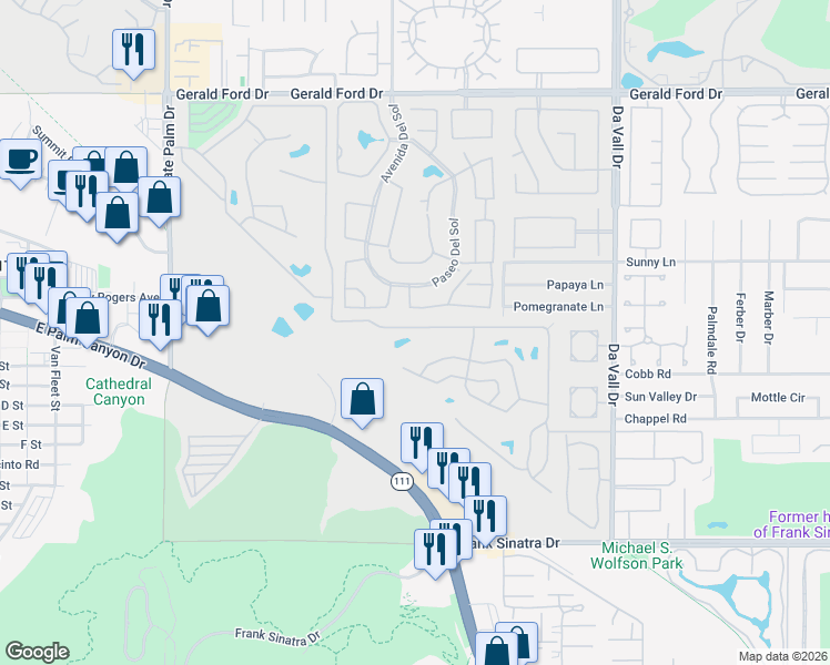 map of restaurants, bars, coffee shops, grocery stores, and more near 259 South Paseo Laredo in Cathedral City