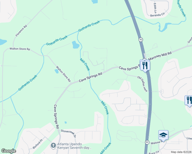 map of restaurants, bars, coffee shops, grocery stores, and more near 6947 Cave Springs Road in Douglasville