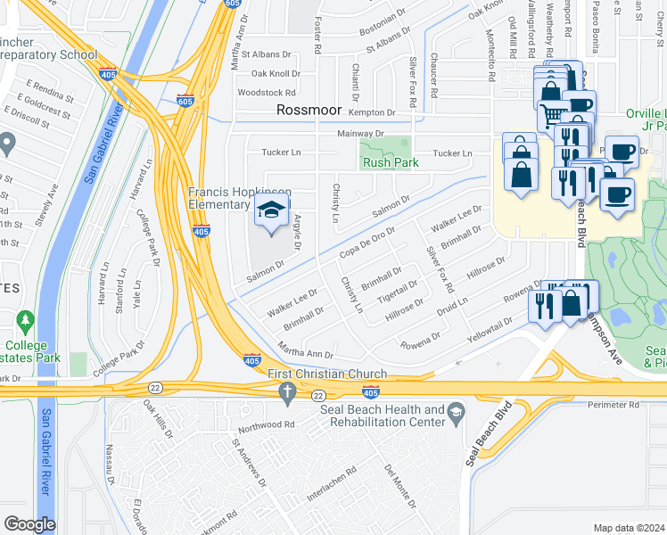 map of restaurants, bars, coffee shops, grocery stores, and more near 12631 Christy Lane in Los Alamitos