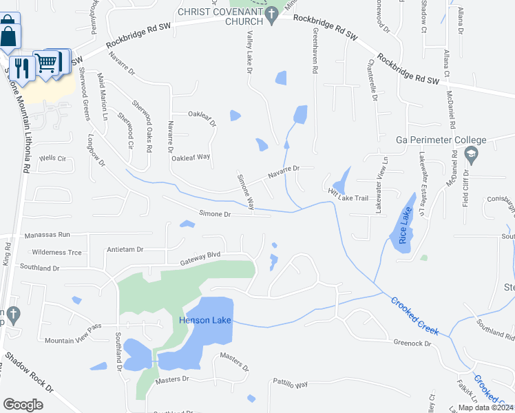 map of restaurants, bars, coffee shops, grocery stores, and more near 642 Simone Way in Stone Mountain