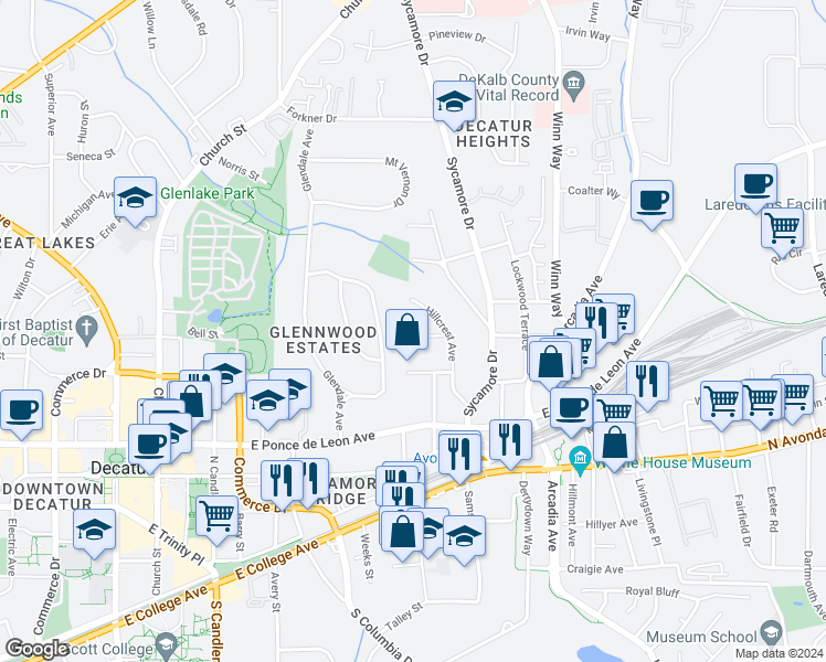 map of restaurants, bars, coffee shops, grocery stores, and more near 106 Springdale Street in Decatur