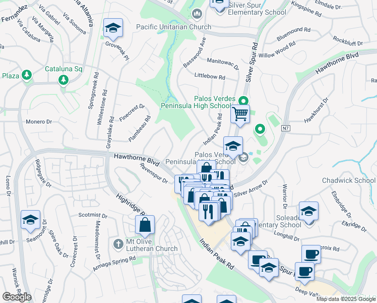 map of restaurants, bars, coffee shops, grocery stores, and more near 27104 Shorewood Road in Rancho Palos Verdes