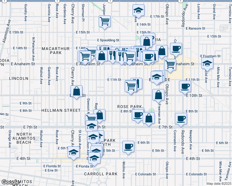 map of restaurants, bars, coffee shops, grocery stores, and more near 2525 East 10th Street in Long Beach