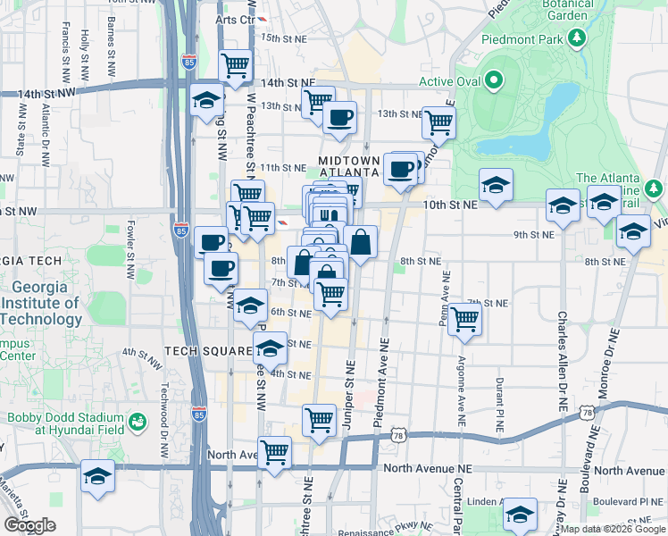 map of restaurants, bars, coffee shops, grocery stores, and more near 903 Peachtree Street Northeast in Atlanta