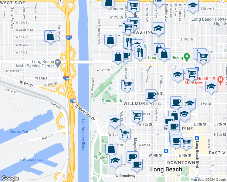 map of restaurants, bars, coffee shops, grocery stores, and more near 973 North Park Circle in Long Beach