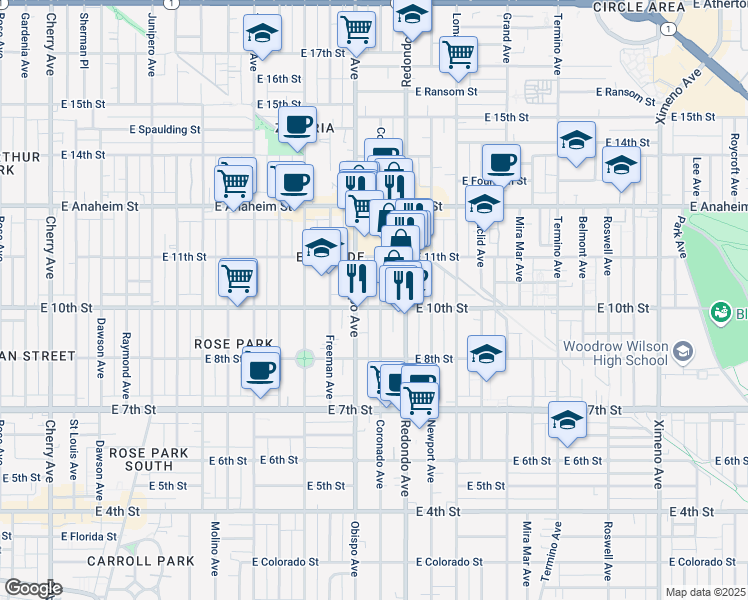 map of restaurants, bars, coffee shops, grocery stores, and more near 1009 Coronado Avenue in Long Beach
