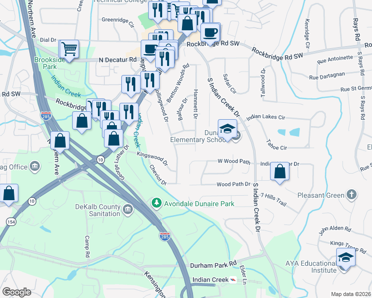 map of restaurants, bars, coffee shops, grocery stores, and more near 3838 Danbury Lane in Decatur