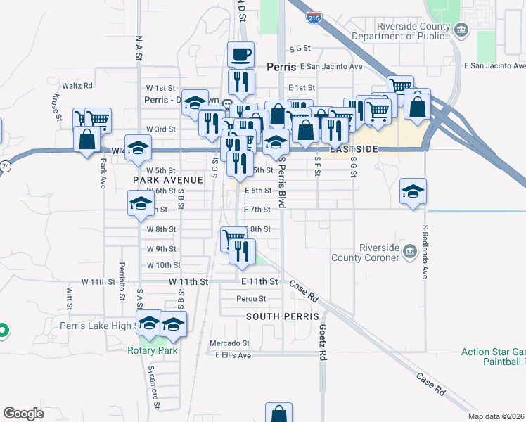 map of restaurants, bars, coffee shops, grocery stores, and more near 160 East 7th Street in Perris