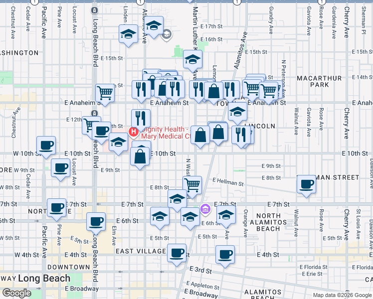 map of restaurants, bars, coffee shops, grocery stores, and more near 911 East 10th Street in Long Beach