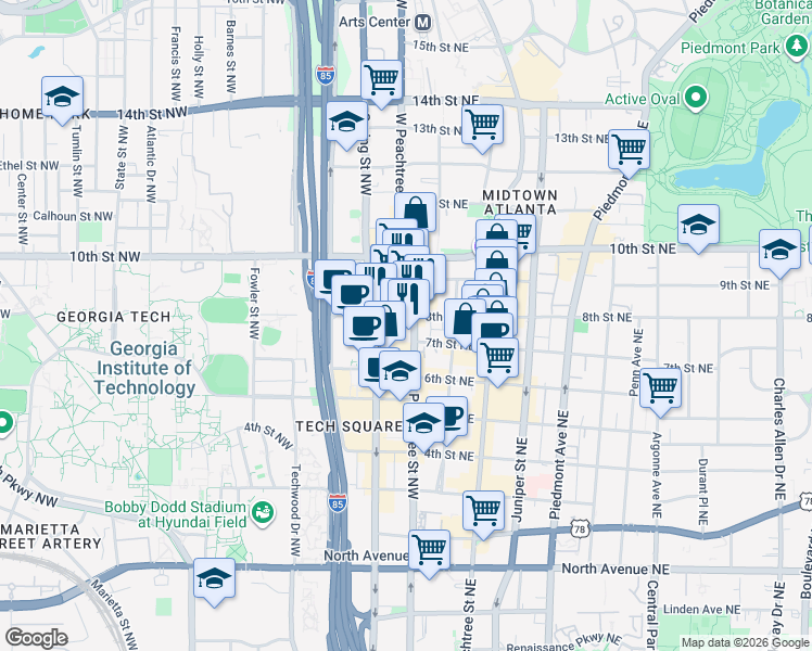 map of restaurants, bars, coffee shops, grocery stores, and more near 900 West Peachtree Street Northeast in Atlanta