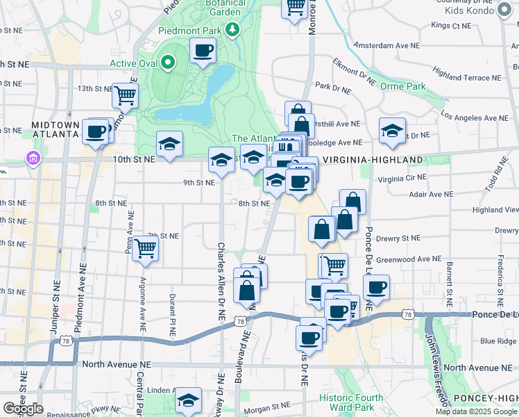 map of restaurants, bars, coffee shops, grocery stores, and more near 930 Monroe Drive Northeast in Atlanta