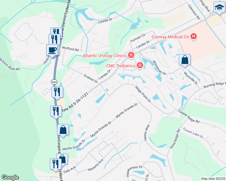 map of restaurants, bars, coffee shops, grocery stores, and more near 1105 Raven Cliff Court in Conway