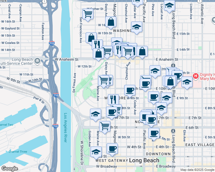 map of restaurants, bars, coffee shops, grocery stores, and more near 551 West 10th Street in Long Beach