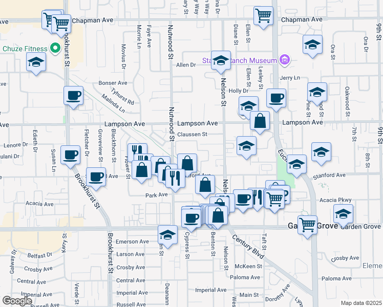 map of restaurants, bars, coffee shops, grocery stores, and more near 10560 Lakeside Drive North in Garden Grove