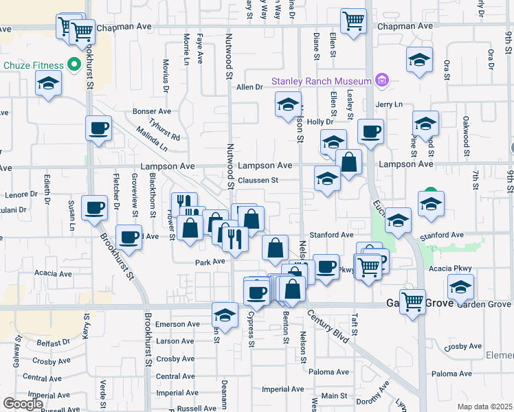 map of restaurants, bars, coffee shops, grocery stores, and more near 10560 Lakeside Drive North in Garden Grove