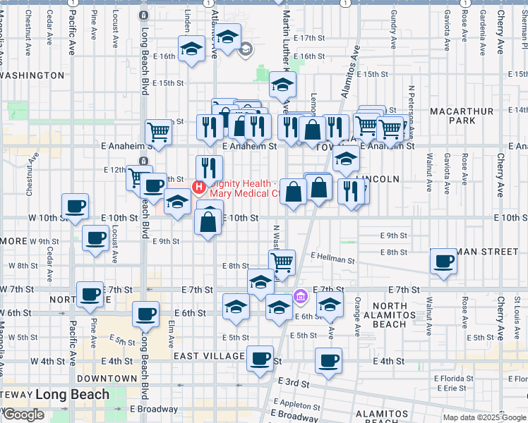 map of restaurants, bars, coffee shops, grocery stores, and more near 1047 Myrtle Avenue in Long Beach