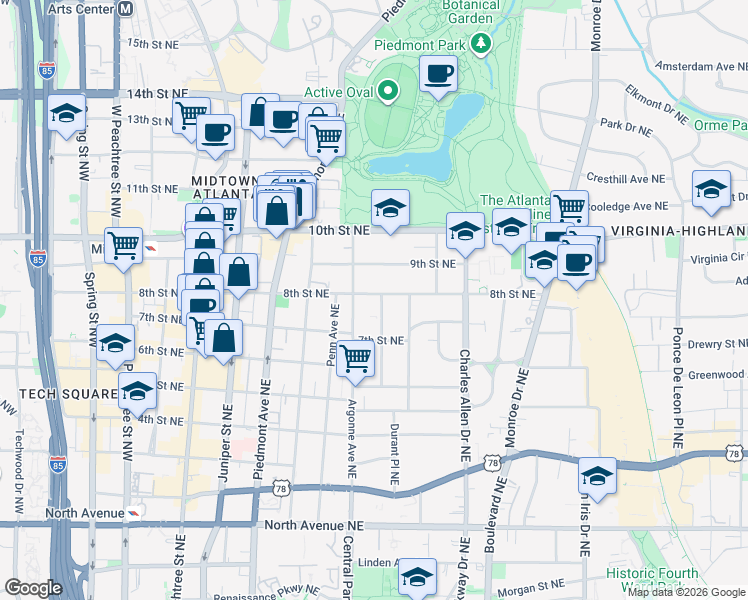 map of restaurants, bars, coffee shops, grocery stores, and more near 330 8th Street Northeast in Atlanta