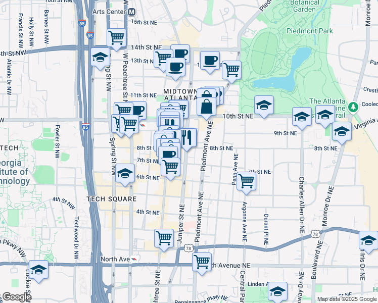 map of restaurants, bars, coffee shops, grocery stores, and more near 126 8th Street Northeast in Atlanta