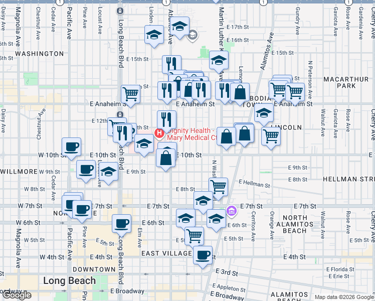 map of restaurants, bars, coffee shops, grocery stores, and more near 1045 Marietta Court in Long Beach