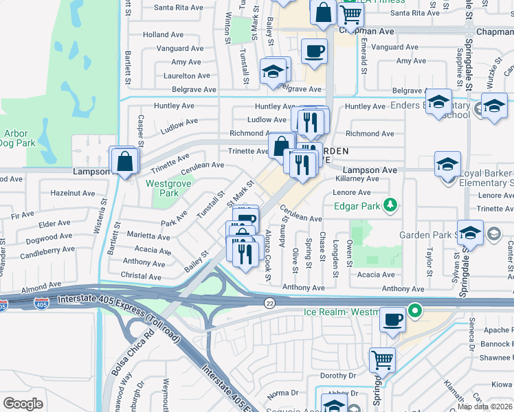 map of restaurants, bars, coffee shops, grocery stores, and more near 12583 George Reyburn Road in Garden Grove