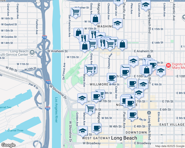 map of restaurants, bars, coffee shops, grocery stores, and more near 551 West 10th Street in Long Beach